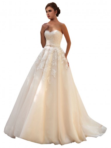 Elfenbein & Champagner Prinzessin Kapelle-schleppe Tüll Spitze Brautkleider Ausverkauf