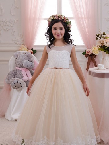 Elfenbein & Champagner Prinzessin Tüll Spitze Lange Blumenmädchenkleider Ausverkauf