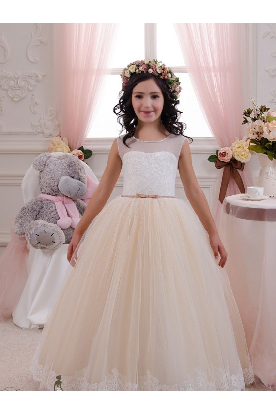 Elfenbein & Champagner Prinzessin Tüll Spitze Lange Blumenmädchenkleider Ausverkauf