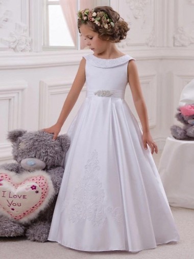 Elfenbein Prinzessin Satin Spitze Lange Blumenmädchenkleider Ausverkauf