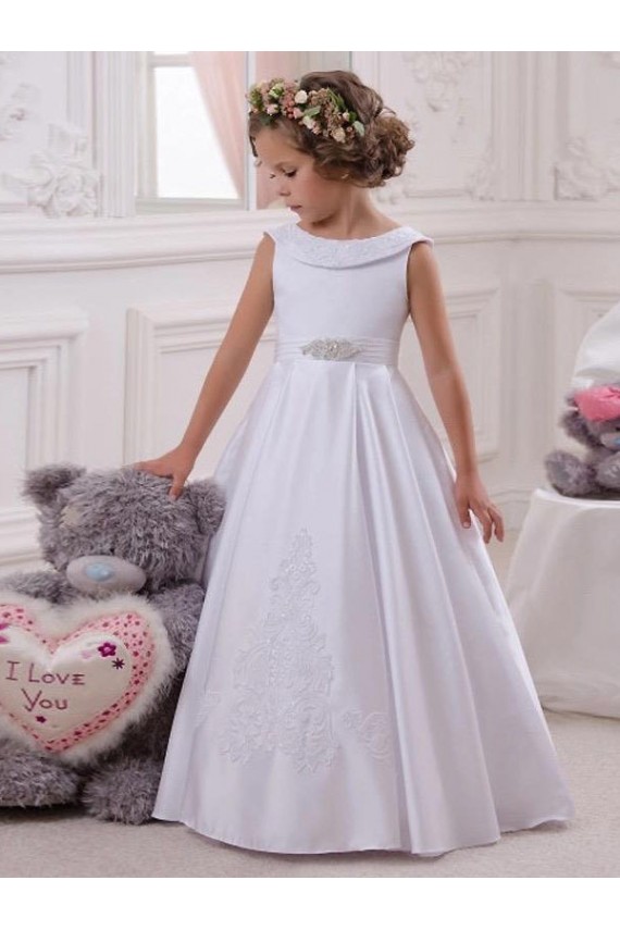 Elfenbein Prinzessin Satin Spitze Lange Blumenmädchenkleider Ausverkauf