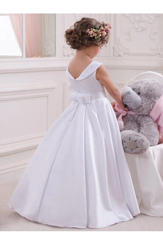 Elfenbein Prinzessin Satin Spitze Lange Blumenmädchenkleider Ausverkauf