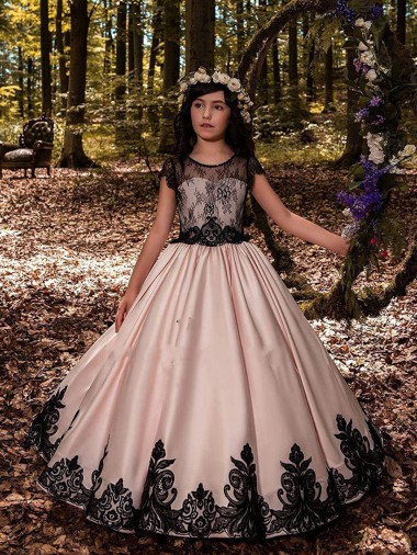 Elfenbein Prinzessin Satin Spitze Lange Blumenmädchenkleider Ausverkauf