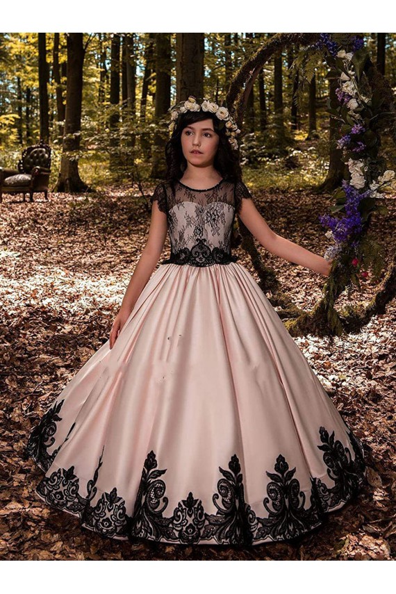 Elfenbein Prinzessin Satin Spitze Lange Blumenmädchenkleider Ausverkauf