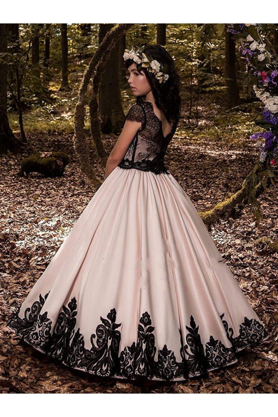 Elfenbein Prinzessin Satin Spitze Lange Blumenmädchenkleider Ausverkauf