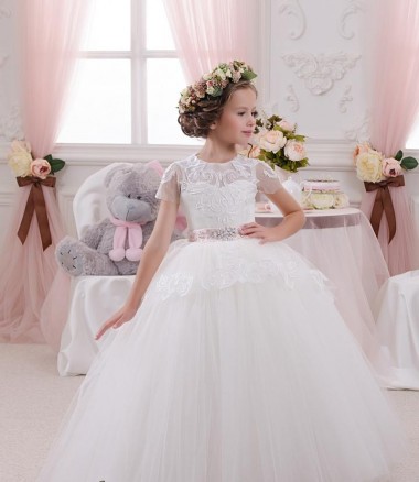 Elfenbein Prinzessin Tüll Spitze Lange Blumenmädchenkleider Ausverkauf