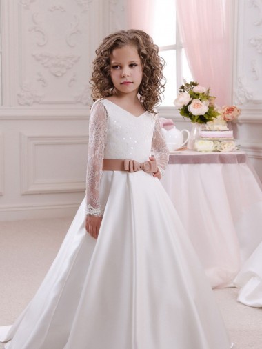 Elfenbein Prinzessin V-Ausschnitt Kapelle-schleppe Satin Spitze Lange Blumenmädchenkleider Ausverkauf