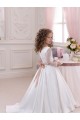 Elfenbein Prinzessin V-Ausschnitt Kapelle-schleppe Satin Spitze Lange Blumenmädchenkleider Ausverkauf