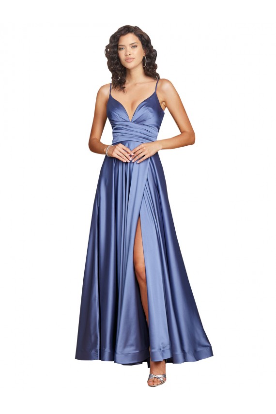 Französisch Blau A-Linien Spaghetti-Träger Seidiger Satin Lange Formale Brautjungfernkleider / Abendkleider / Abiballkleider Ausverkauf