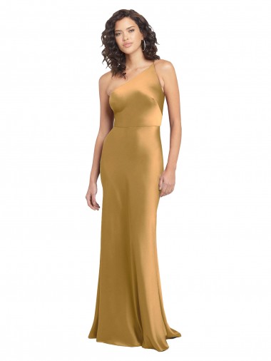Gold A-Linien Eine-Schulter Stretch-Satin Lange Formale Brautjungfernkleider / Abendkleider / Abiballkleider Ausverkauf