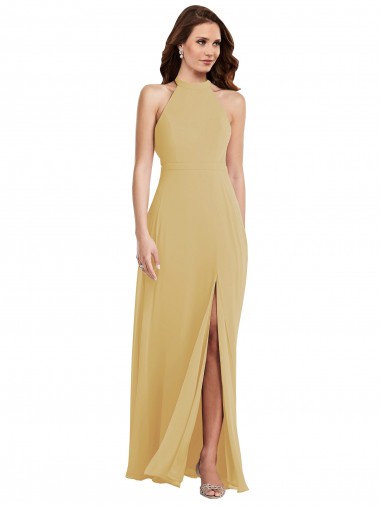 Gold A-Linien Neckholder Chiffon Lange Brautjungfernkleider Ausverkauf