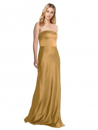 Gold A-Linien Trägerlos Stretch-Satin Lange Formale Brautjungfernkleider / Abendkleider / Abiballkleider Ausverkauf