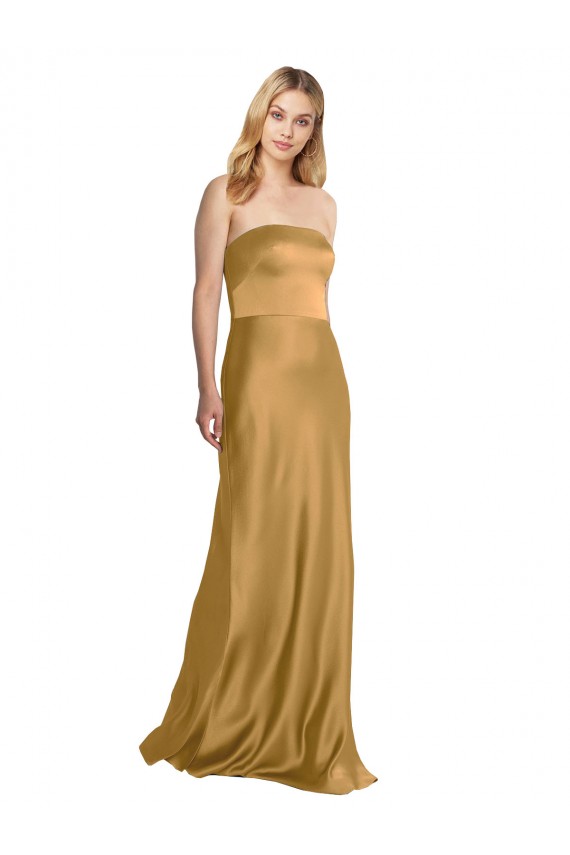 Gold A-Linien Trägerlos Stretch-Satin Lange Formale Brautjungfernkleider / Abendkleider / Abiballkleider Ausverkauf