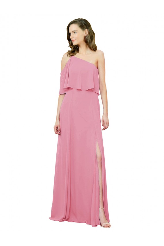 Hautrosa A-Linien Eine-Schulter Chiffon Lange Brautjungfernkleider Ausverkauf
