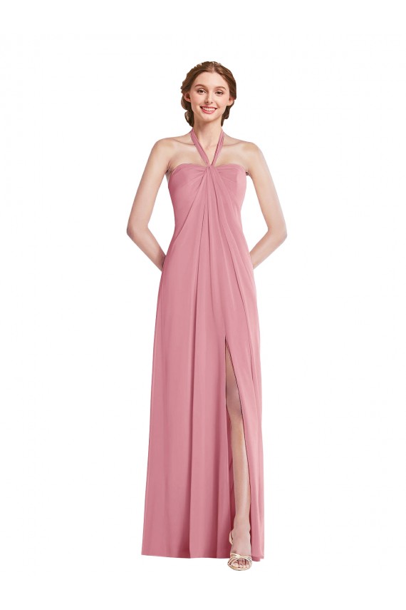 Hautrosa A-Linien Neckholder Chiffon Lange Brautjungfernkleider Ausverkauf
