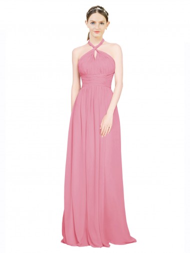 Hautrosa A-Linien Neckholder V-Ausschnitt Chiffon Lange Brautjungfernkleider Ausverkauf