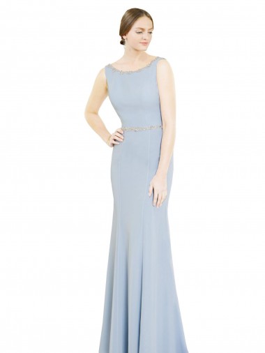 Helles Himmelblau A-Linien Bootshals Stehkragen Ausschnitt Chiffon Lange Brautjungfernkleider Ausverkauf