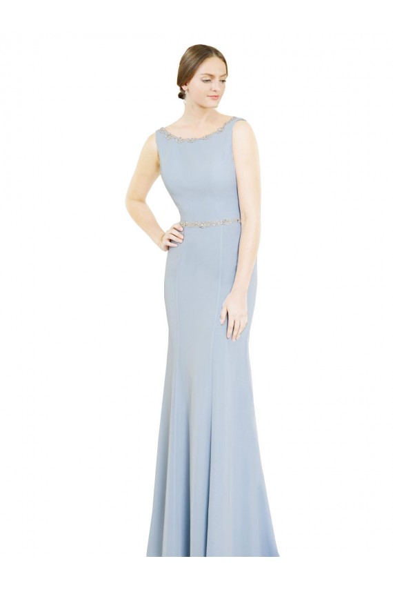 Helles Himmelblau A-Linien Bootshals Stehkragen Ausschnitt Chiffon Lange Brautjungfernkleider Ausverkauf