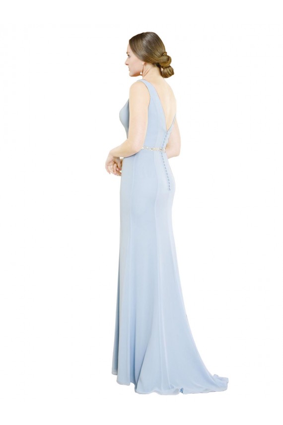 Helles Himmelblau A-Linien Bootshals Stehkragen Ausschnitt Chiffon Lange Brautjungfernkleider Ausverkauf