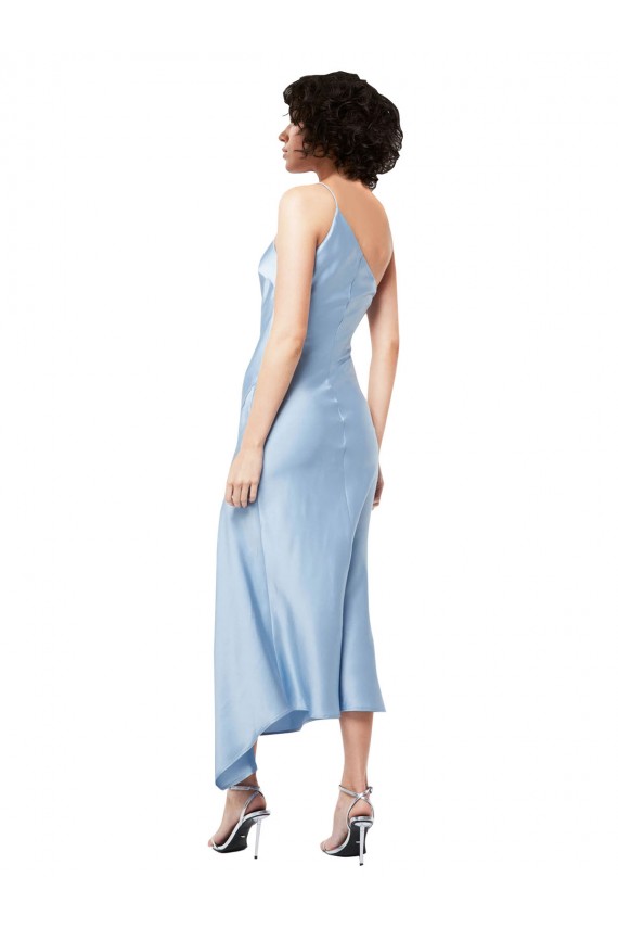 Helles Himmelblau A-Linien Eine-Schulter Midi Seidiger Satin Kurze Formale Brautjungfernkleider / Abendkleider / Abiballkleider / Cocktailkleider / Heimkehr Kleider Ausverkauf