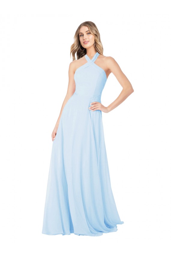 Helles Himmelblau A-Linien Neckholder Stehkragen Ausschnitt Chiffon Lange Brautjungfernkleider Ausverkauf