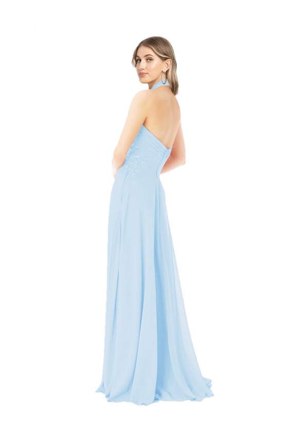Helles Himmelblau A-Linien Neckholder Stehkragen Ausschnitt Chiffon Lange Brautjungfernkleider Ausverkauf