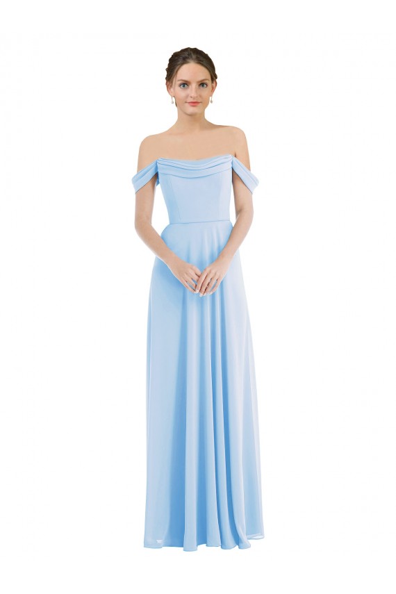 Helles Himmelblau A-Linien Off-Schulter Chiffon Lange Formale Brautjungfernkleider / Abendkleider Ausverkauf