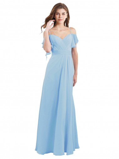 Helles Himmelblau A-Linien Spaghetti-Träger Chiffon Lange Brautjungfernkleider Ausverkauf