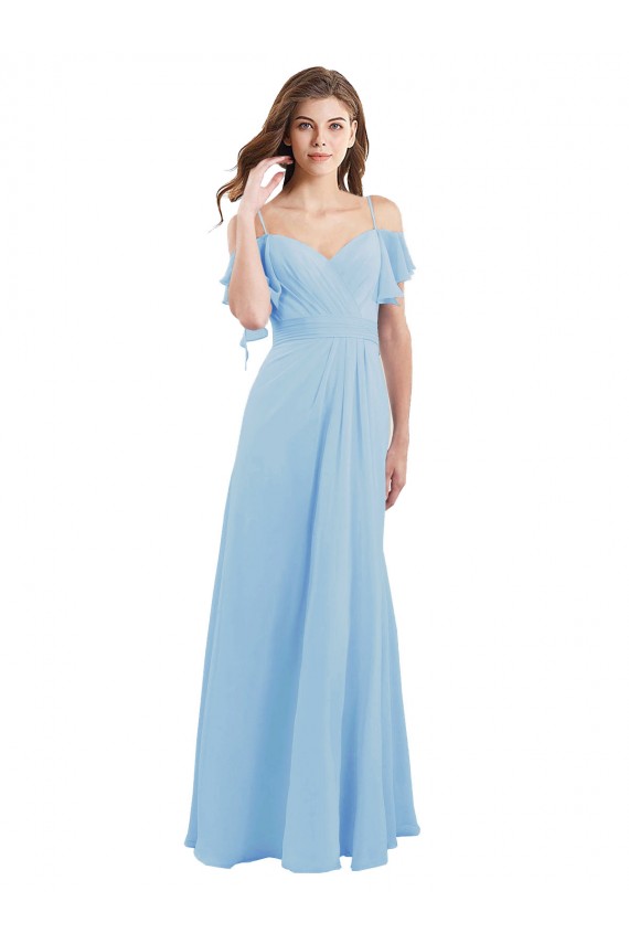 Helles Himmelblau A-Linien Spaghetti-Träger Chiffon Lange Brautjungfernkleider Ausverkauf