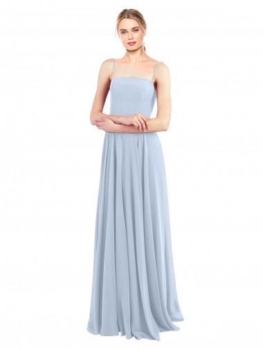 Helles Himmelblau A-Linien Spaghetti-Träger Quadrat Ausschnitt Chiffon Lange Brautjungfernkleider Ausverkauf