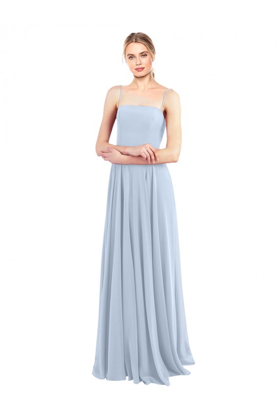 Helles Himmelblau A-Linien Spaghetti-Träger Quadrat Ausschnitt Chiffon Lange Brautjungfernkleider Ausverkauf