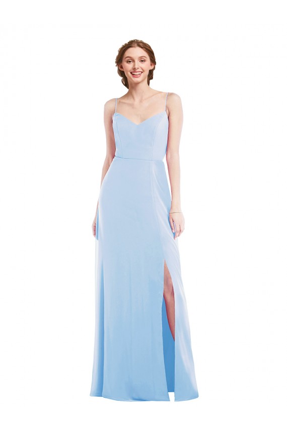 Helles Himmelblau A-Linien Spaghetti-Träger V-Ausschnitt Chiffon Lange Formale Brautjungfernkleider / Abendkleider Ausverkauf
