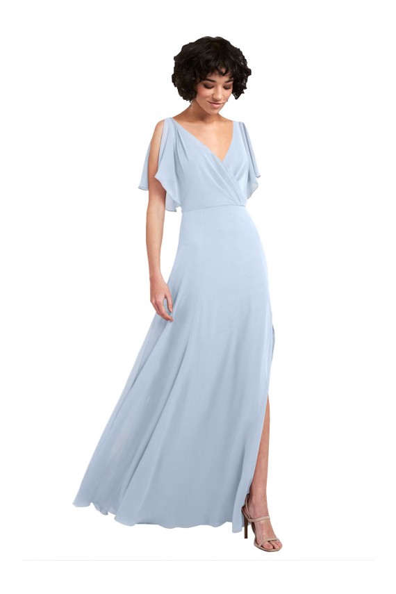 Helles Himmelblau A-Linien V-Ausschnitt Chiffon Lange Brautjungfernkleider Ausverkauf
