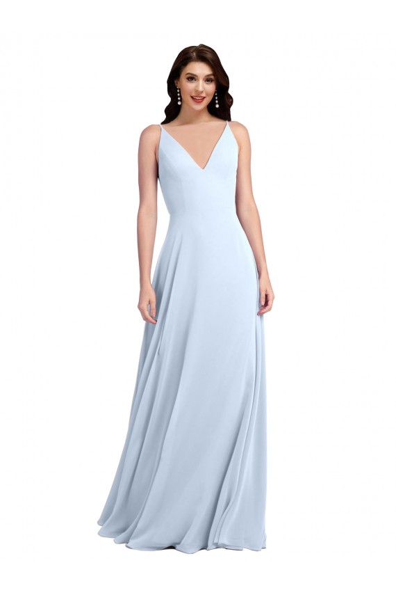 Helles Himmelblau A-Linien V-Ausschnitt Chiffon Lange Brautjungfernkleider Ausverkauf