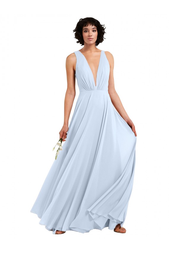 Helles Himmelblau A-Linien V-Ausschnitt Chiffon Lange Brautjungfernkleider Ausverkauf