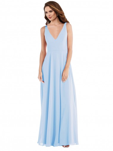 Helles Himmelblau A-Linien V-Ausschnitt Chiffon Lange Brautjungfernkleider Ausverkauf