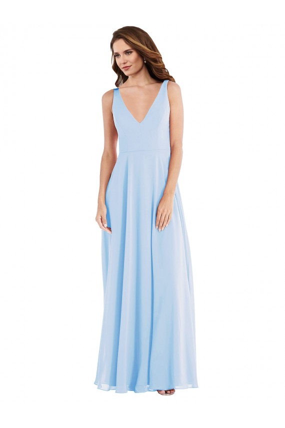 Helles Himmelblau A-Linien V-Ausschnitt Chiffon Lange Brautjungfernkleider Ausverkauf