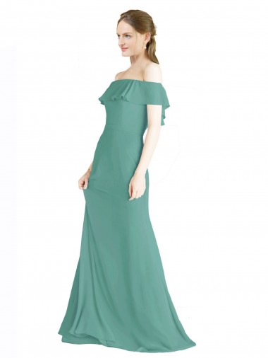 Isländisches Silber A-Linien Off-Schulter Chiffon Lange Brautjungfernkleider Ausverkauf