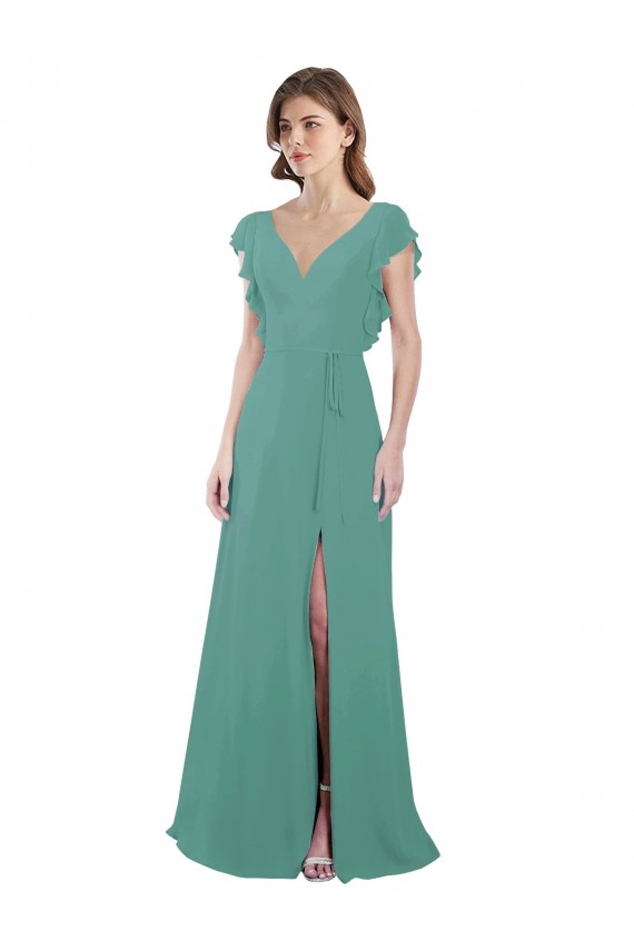 Isländisches Silber A-Linien V-Ausschnitt Chiffon Lange Brautjungfernkleider Ausverkauf