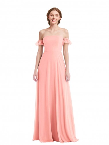 Lachs A-Linien Off-Schulter Chiffon Lange Brautjungfernkleider Ausverkauf