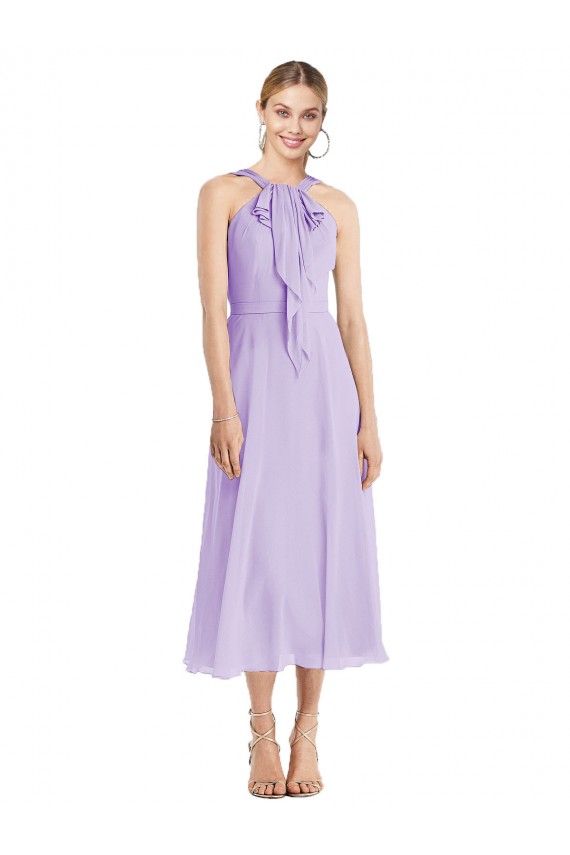 Lila A-Linien Neckholder Wadenlang Chiffon Kurze Brautjungfernkleider / Cocktailkleider Ausverkauf