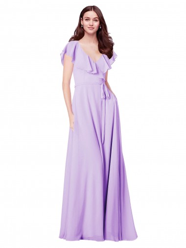 Lila A-Linien V-Ausschnitt Chiffon Lange Brautjungfernkleider Ausverkauf