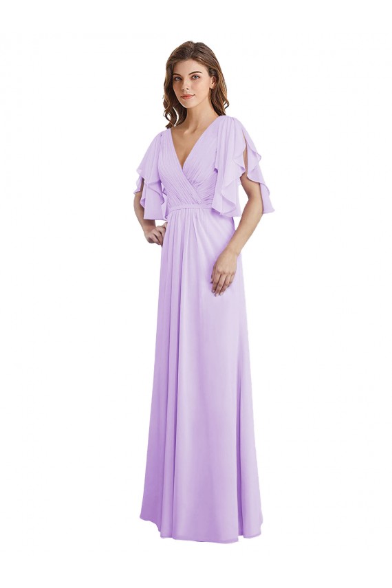 Lila A-Linien V-Ausschnitt Chiffon Lange Brautjungfernkleider Ausverkauf