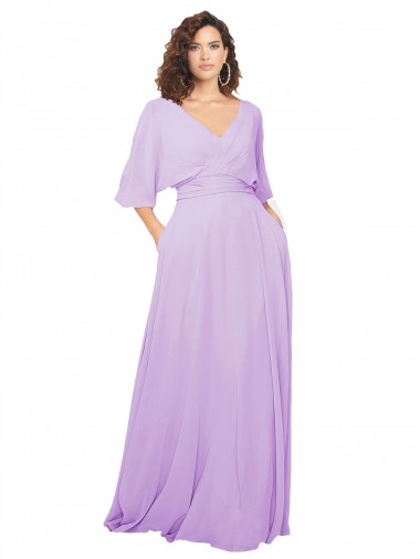 Lila A-Linien V-Ausschnitt Chiffon Lange Brautjungfernkleider Ausverkauf
