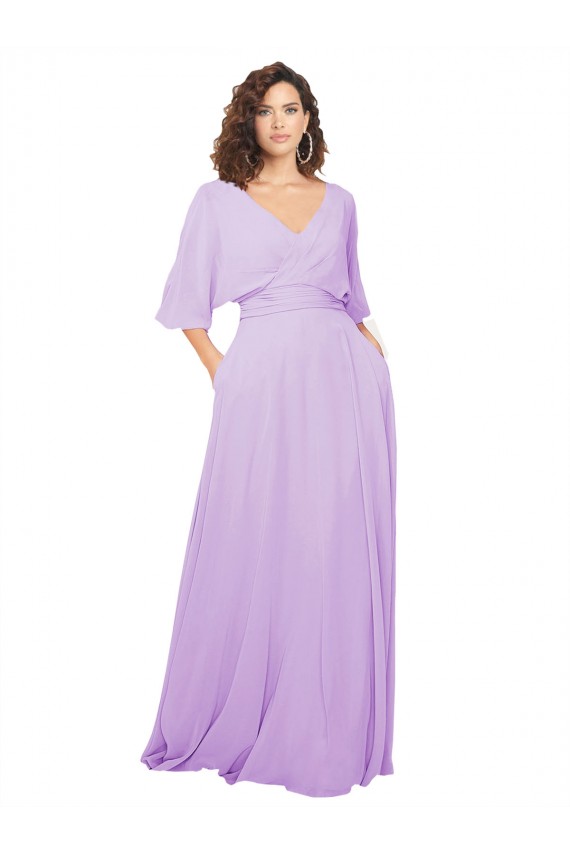 Lila A-Linien V-Ausschnitt Chiffon Lange Brautjungfernkleider Ausverkauf