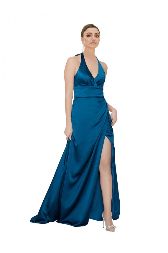 Pfauenblau A-Linien Neckholder Seidiger Satin Lange Formale Brautjungfernkleider / Abendkleider / Abiballkleider Ausverkauf