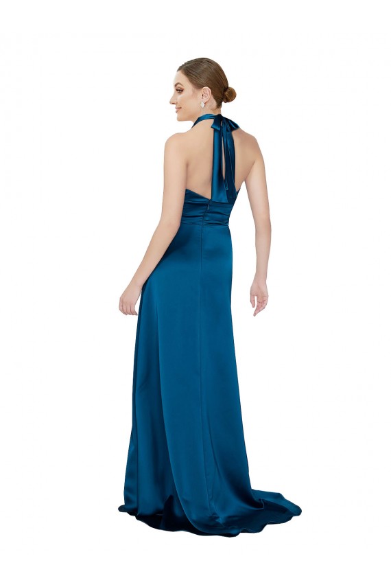 Pfauenblau A-Linien Neckholder Seidiger Satin Lange Formale Brautjungfernkleider / Abendkleider / Abiballkleider Ausverkauf