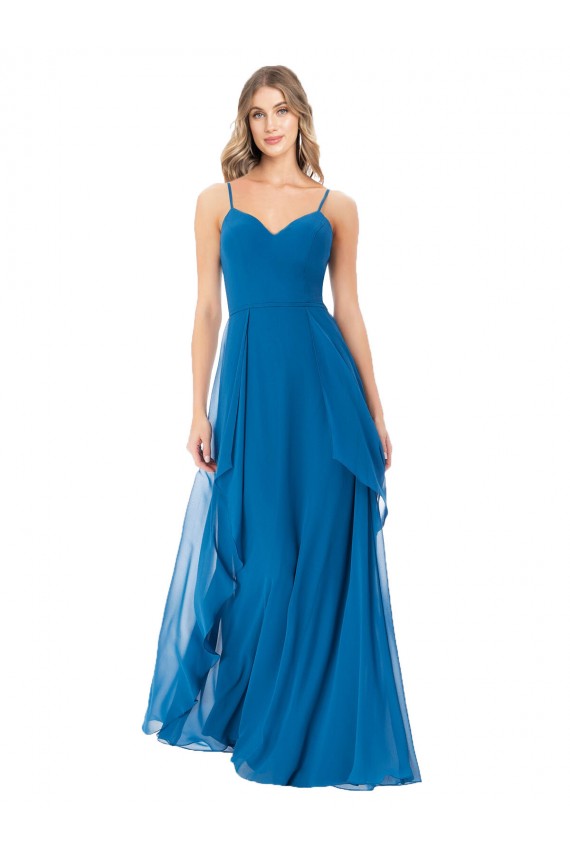 Pfauenblau A-Linien Spaghetti-Träger Chiffon Lange Brautjungfernkleider Ausverkauf