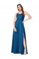 Pfauenblau A-Linien Spaghetti-Träger Haube Ausschnitt Seidiger Satin Lange Formale Brautjungfernkleider / Abendkleider / Abiballkleider Ausverkauf