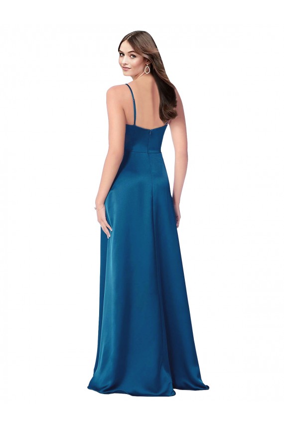 Pfauenblau A-Linien Spaghetti-Träger Haube Ausschnitt Seidiger Satin Lange Formale Brautjungfernkleider / Abendkleider / Abiballkleider Ausverkauf